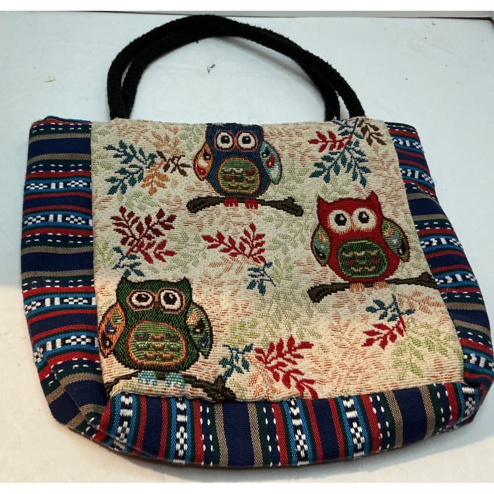 Vintage Owl Tapestry Tote‎ Bag Boho Striped Woven Handbag Small